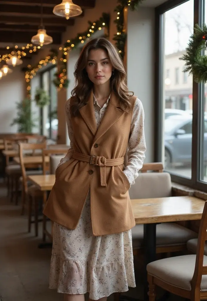 27 Midi Dress Outfits That Shine in Holiday Layers - 9. Layer with a Vest