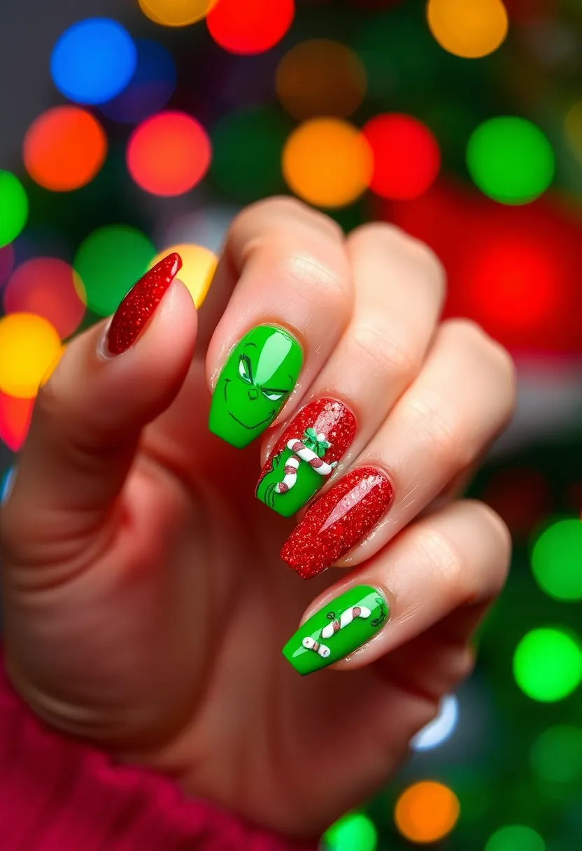 28 Glitter Nail Ideas That Light Up Your December Nights - 15. Grinch-Inspired Green