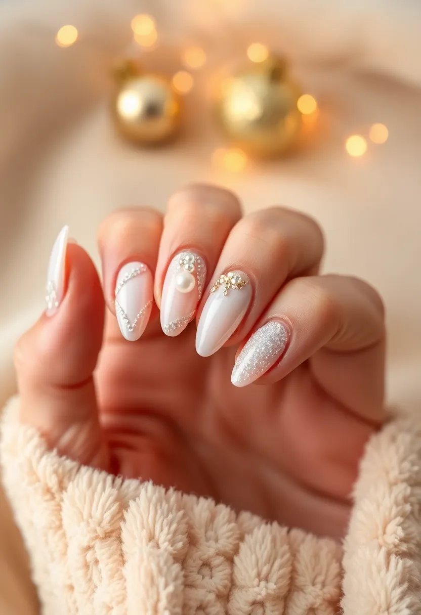 28 Glitter Nail Ideas That Light Up Your December Nights - 18. Pearl and Glitter Combo