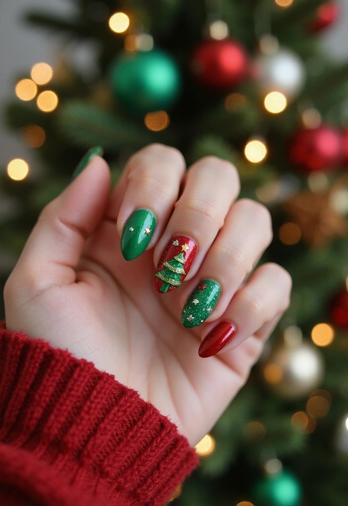 28 Glitter Nail Ideas That Light Up Your December Nights - 22. Whimsical Christmas Trees