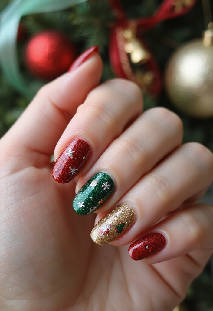 28 Glitter Nail Ideas That Light Up Your December Nights - 23. Multicolored Holiday Cheer