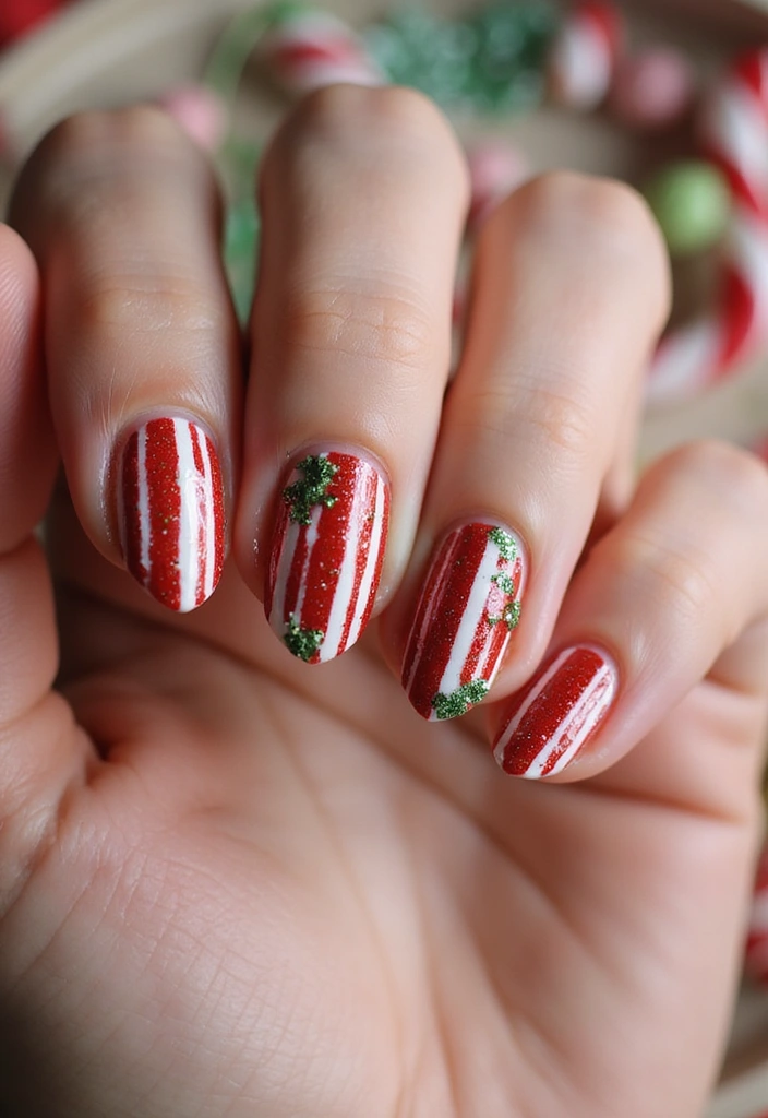 28 Glitter Nail Ideas That Light Up Your December Nights - 8. Candy Cane Delight