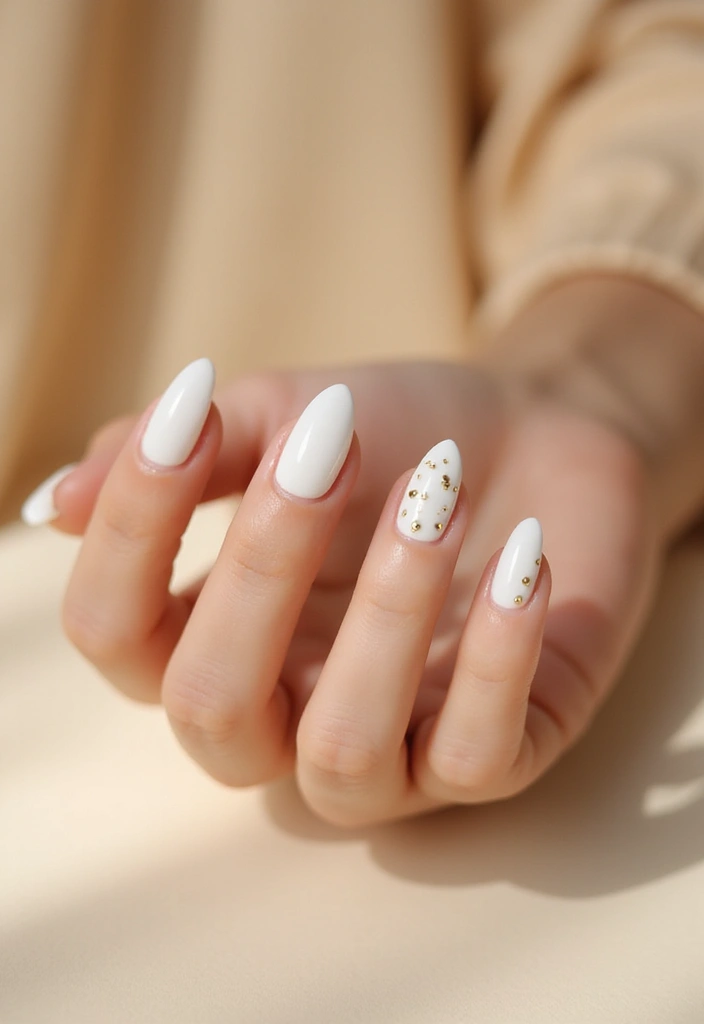 28 Party-Ready Metallic Nail Styles to Celebrate New Year’s in Style! - 19. Elegant White with Gold Dots