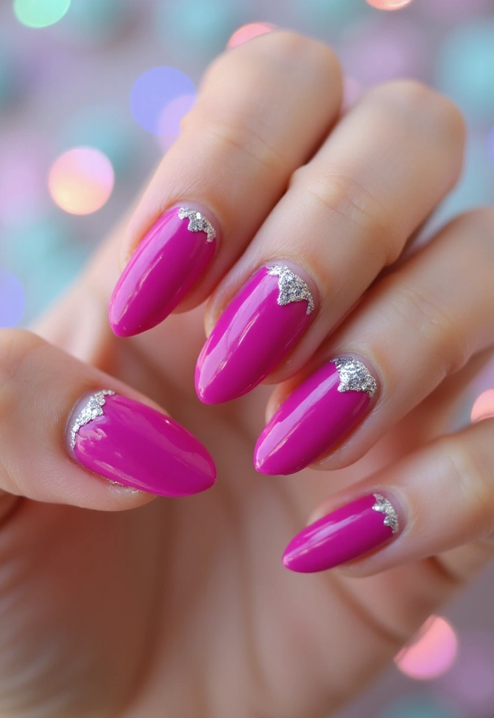 28 Party-Ready Metallic Nail Styles to Celebrate New Year’s in Style! - 22. Bright Fuchsia with Silver Glitter