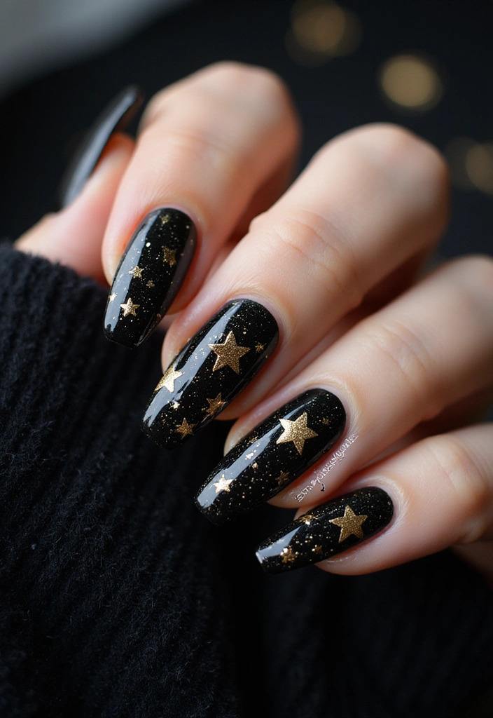 28 Party-Ready Metallic Nail Styles to Celebrate New Year’s in Style! - 4. Starry Night Black and Gold