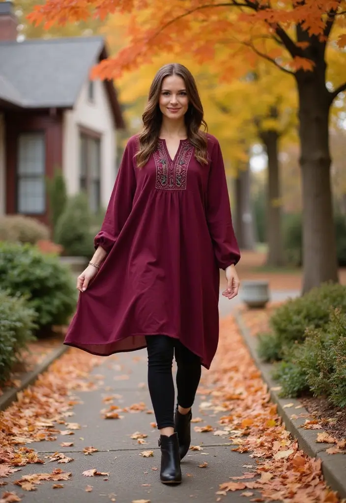 29 Edgy October Dress Looks to Try With Boots - 14. Tunic Dress with Leggings