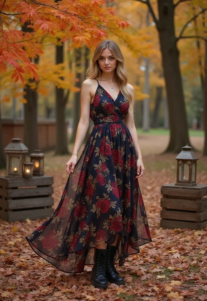 29 Edgy October Dress Looks to Try With Boots - 2. Floral Print Maxi with Combat Boots