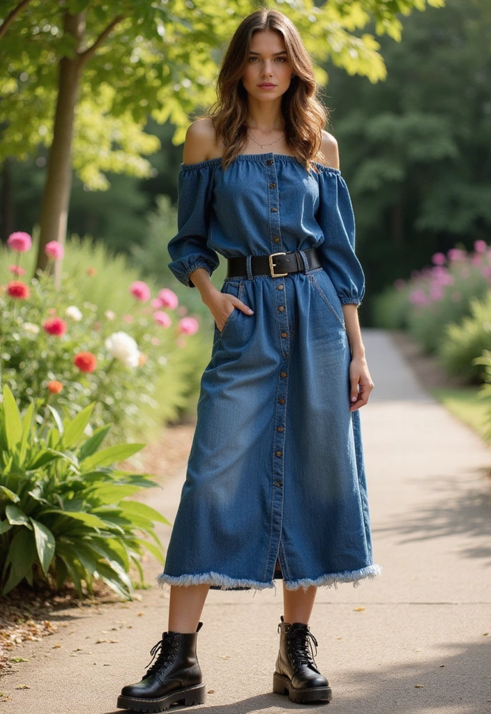 29 Edgy October Dress Looks to Try With Boots - 26. Off-Shoulder Denim Dress