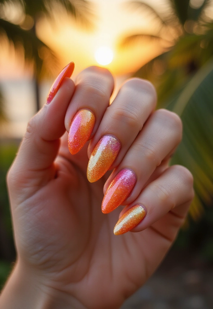 30 Bold Glitter Nail Looks That Shine in Every Outfit - 30. Glittery Sunset Nails