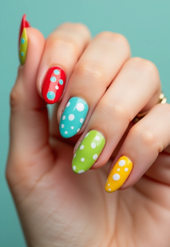 30 Gorgeous Almond Nail Designs That Look Chic on Everyone - 17. Polka Dots in Vivid Colors