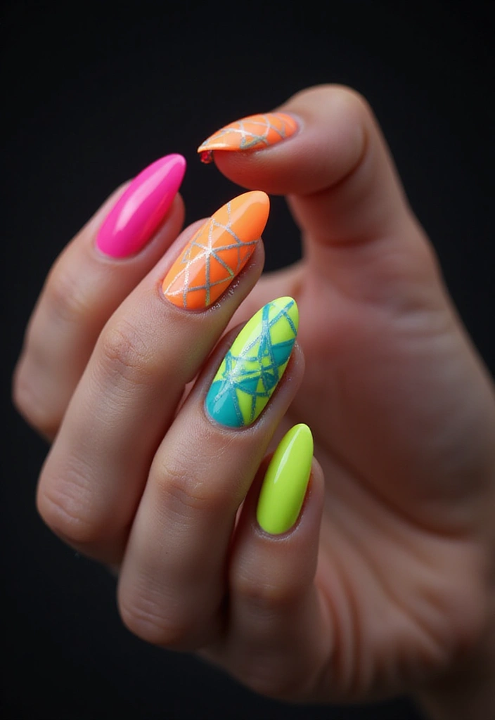 30 Gorgeous Almond Nail Designs That Look Chic on Everyone - 19. Neon Accents for a Pop