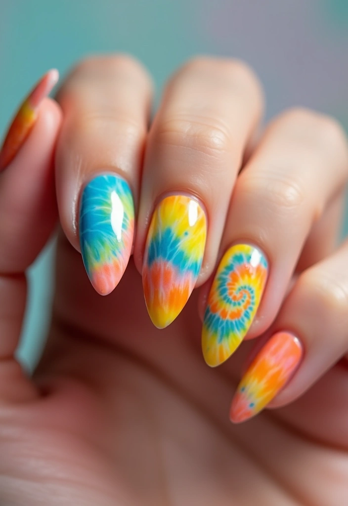 30 Gorgeous Almond Nail Designs That Look Chic on Everyone - 25. Tie-Dye Style
