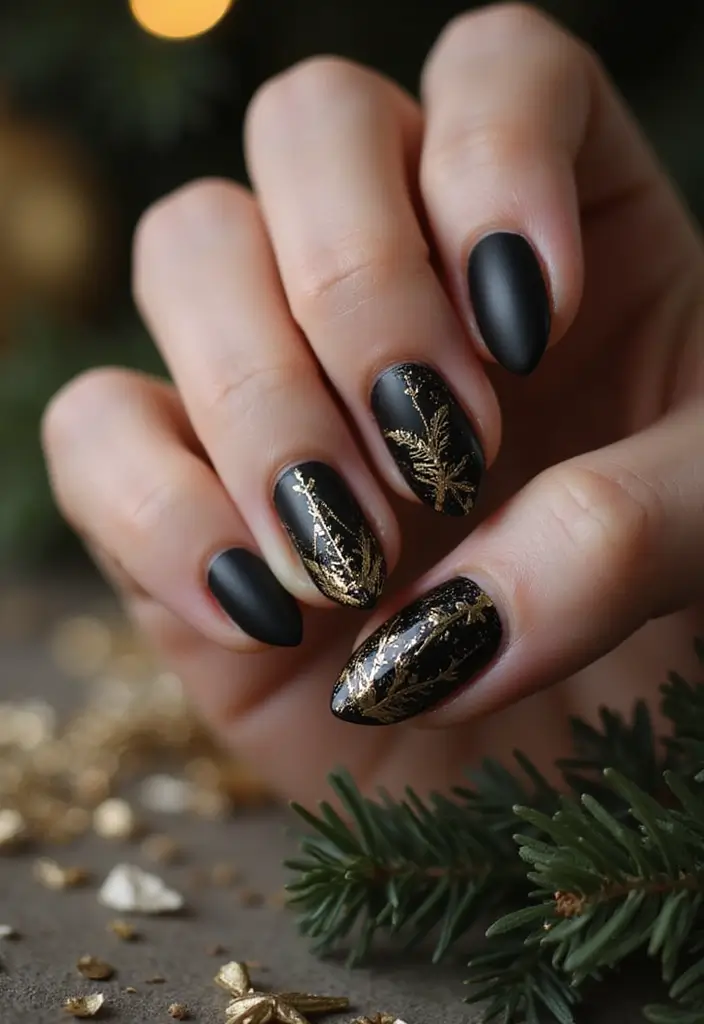 30 Holiday Nail Designs to Sparkle All December - 10. Elegant Matte Black with Gold Foil