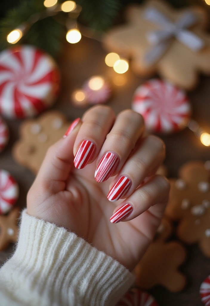 30 Holiday Nail Designs to Sparkle All December - 11. Red Candy Cane Stripes