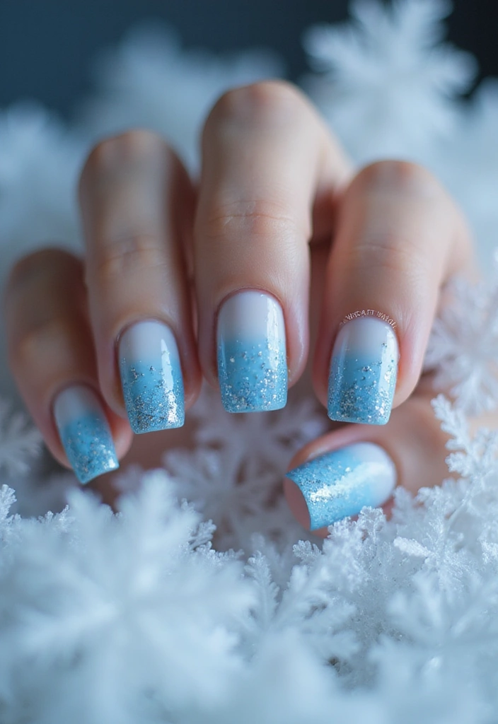 30 Holiday Nail Designs to Sparkle All December - 12. Icy Blue Glitter Gradient