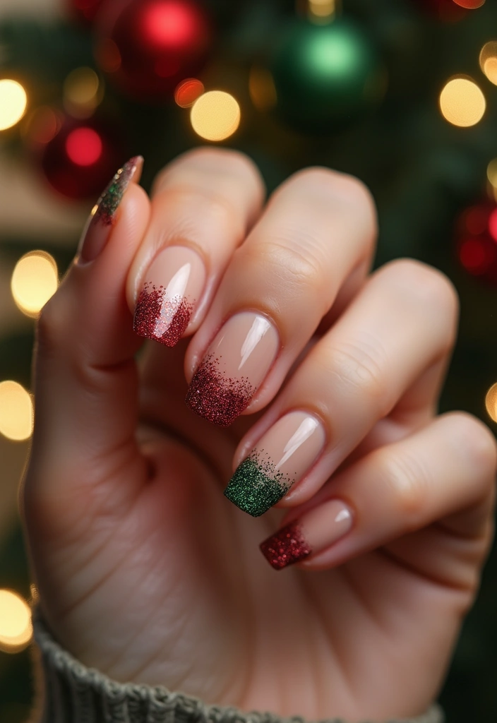 30 Holiday Nail Designs to Sparkle All December - 15. Red and Green Glitter Tips