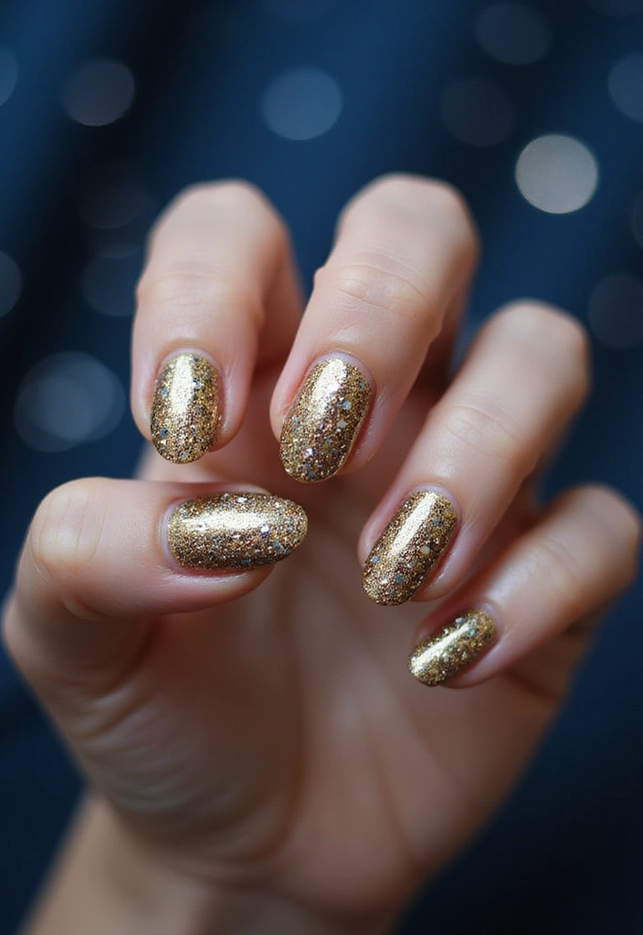 30 Holiday Nail Designs to Sparkle All December - 16. Gold Glitter Starry Nights