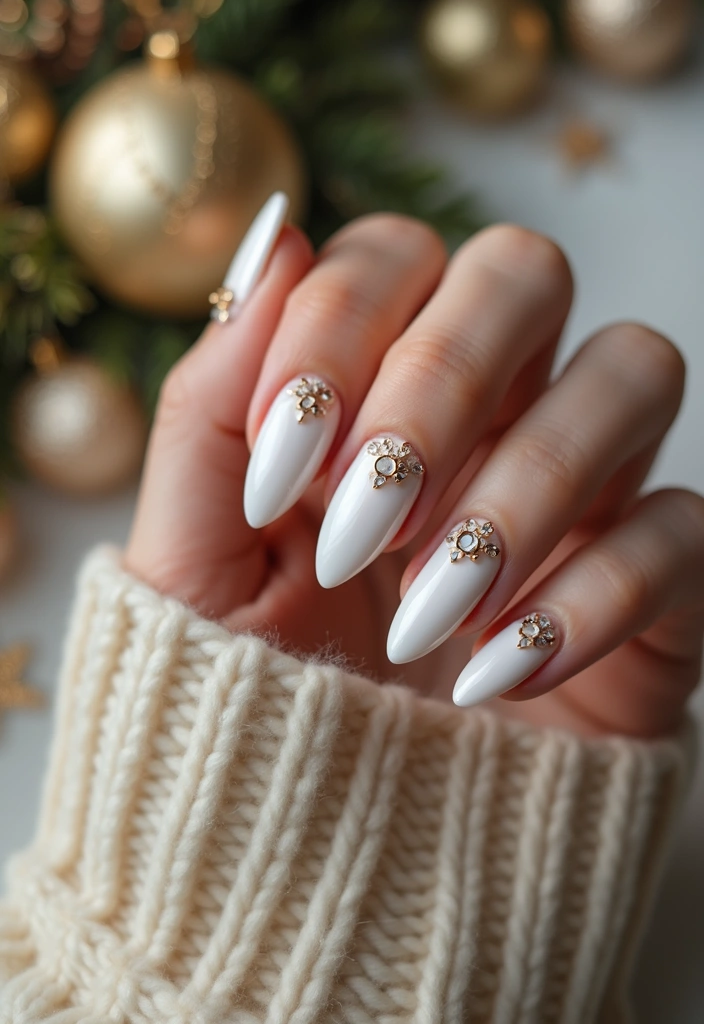 30 Holiday Nail Designs to Sparkle All December - 17. Pearl White with Jewel Accents