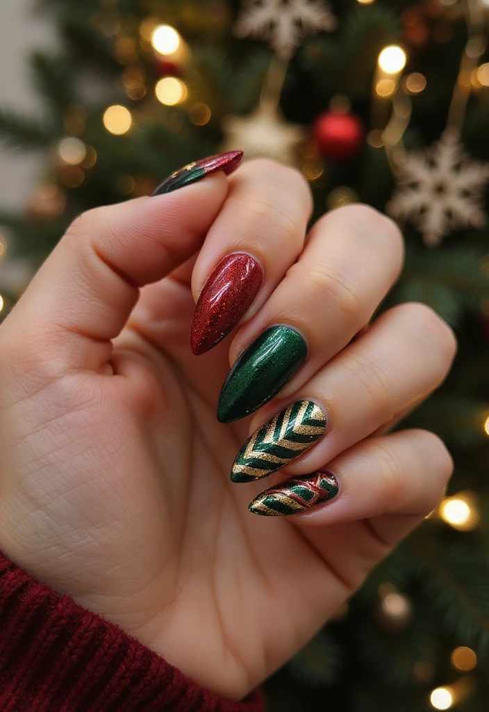 30 Holiday Nail Designs to Sparkle All December - 21. Festive Geometric Designs