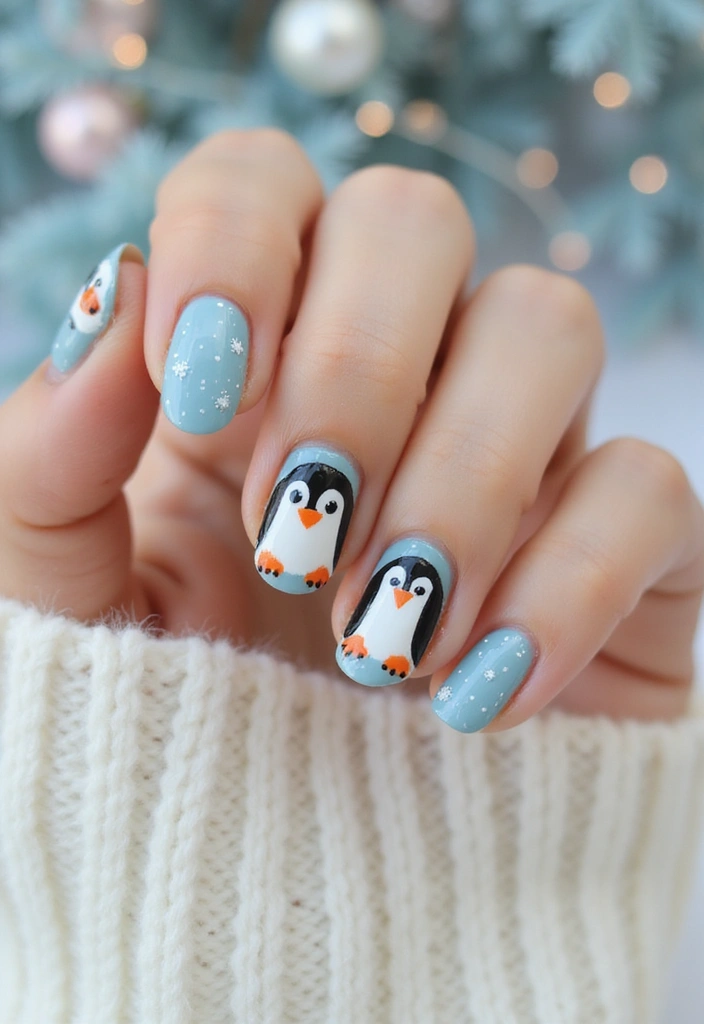 30 Holiday Nail Designs to Sparkle All December - 22. Playful Penguin Nail Art
