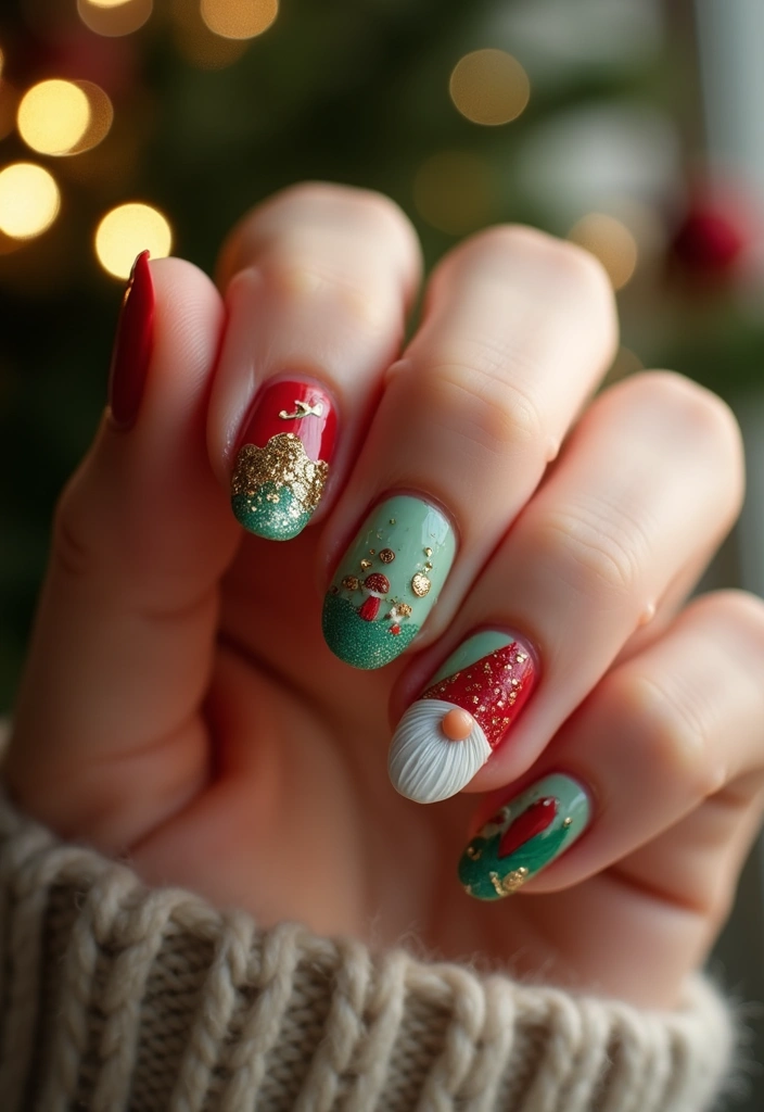 30 Holiday Nail Designs to Sparkle All December - 24. Whimsical Holiday Gnomes