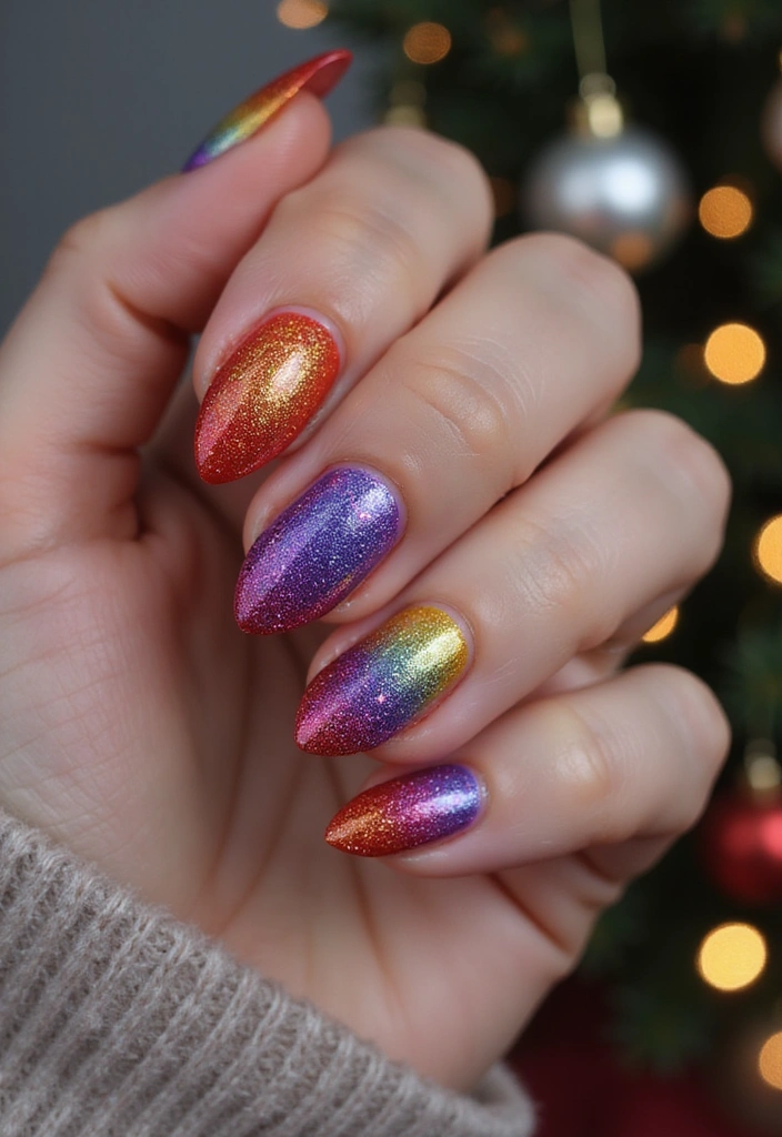 30 Holiday Nail Designs to Sparkle All December - 26. Glittery Gradient Rainbow