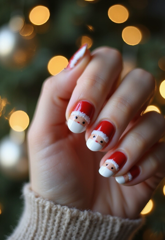 30 Holiday Nail Designs to Sparkle All December - 27. Cute Santa Hats