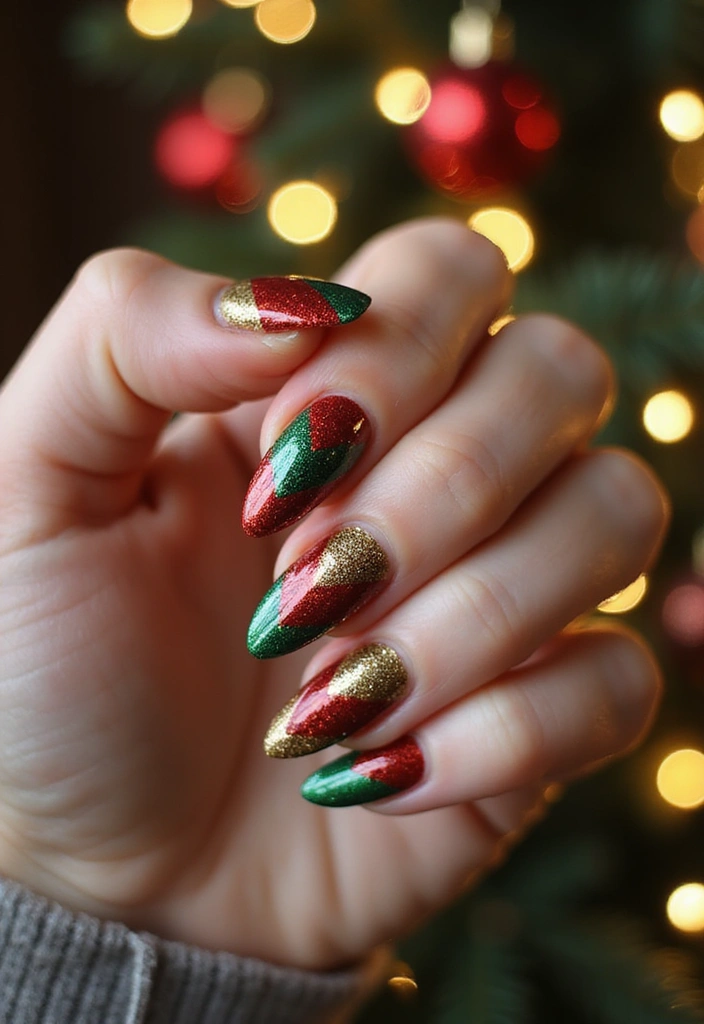 30 Holiday Nail Designs to Sparkle All December - 28. Festive Glittery Chevron