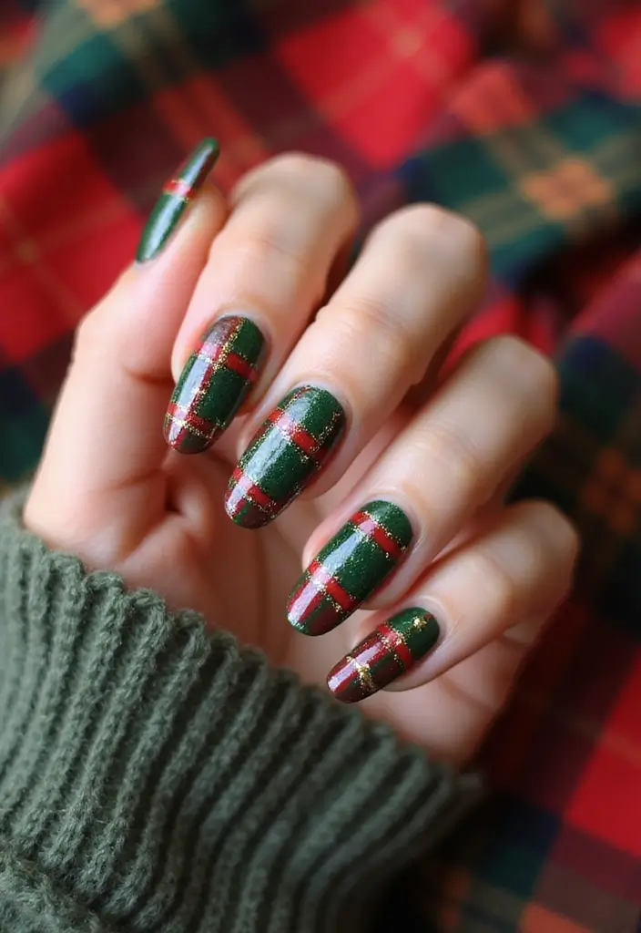 30 Holiday Nail Designs to Sparkle All December - 3. Glitzy Green and Red Plaid