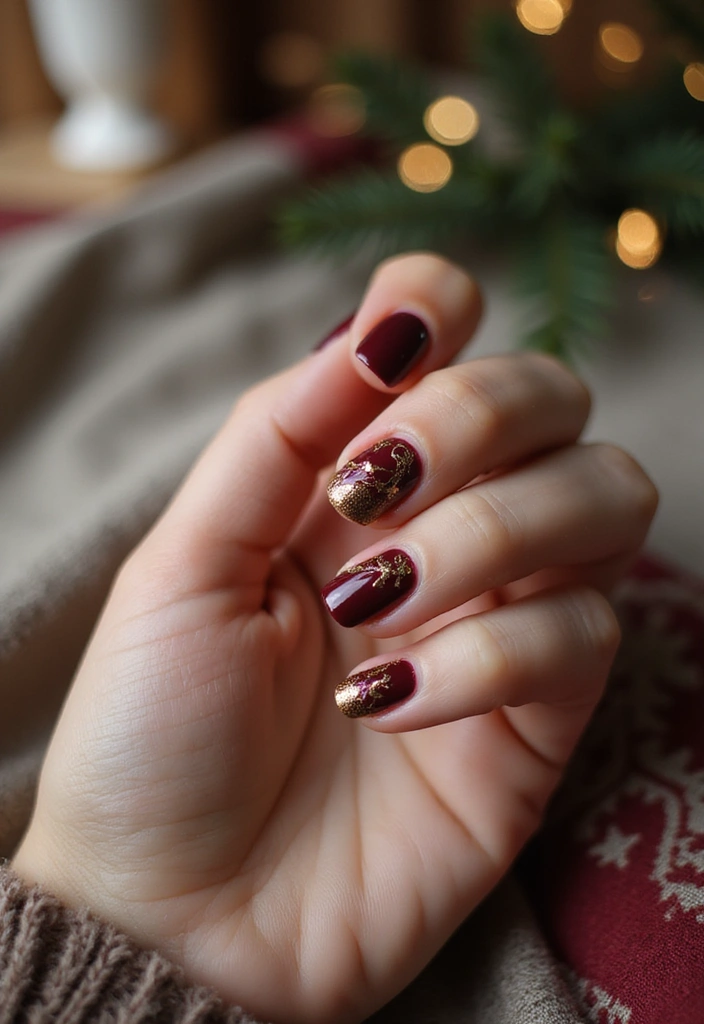 30 Holiday Nail Designs to Sparkle All December - 5. Elegant Burgundy with Gold Accents