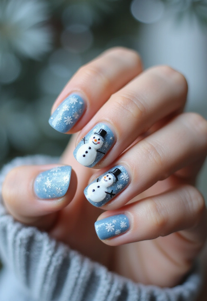 30 Holiday Nail Designs to Sparkle All December - 6. Glittery Snowmen and Snowflakes