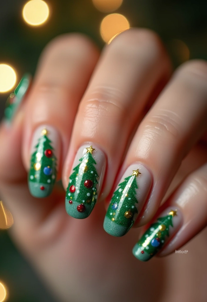 30 Holiday Nail Designs to Sparkle All December - 7. Joyful Christmas Tree Art