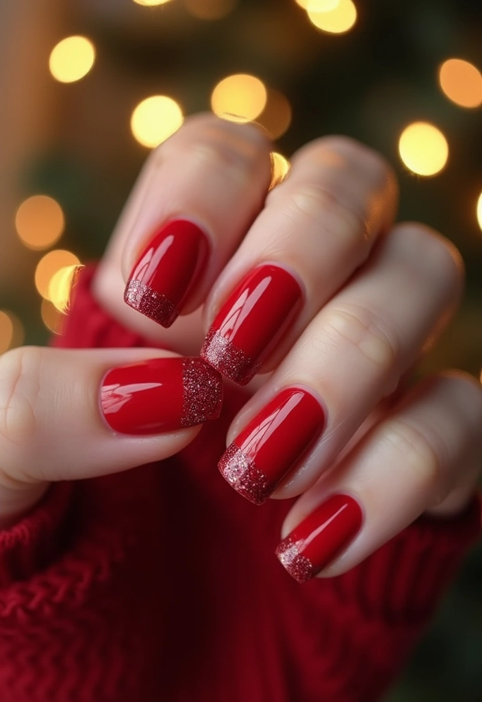 30 Sparkly Holiday Nail Designs Perfect for December Parties - 7. Classic Red Glitter Tips