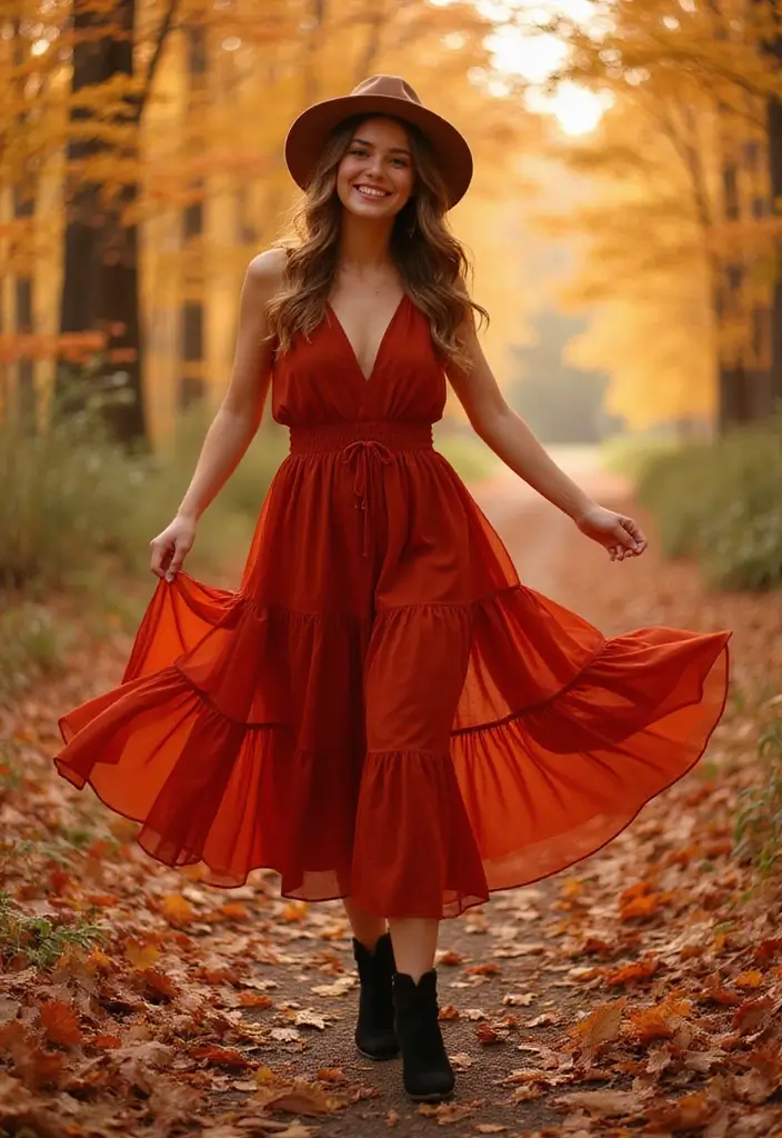 30 Warm-Toned November Dresses for Cozy Chic Looks - 10. Ember Red Tiered Dress