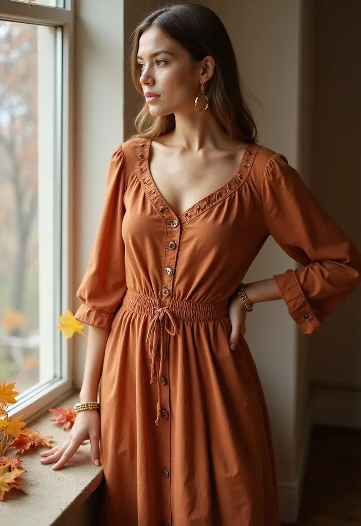 30 Warm-Toned November Dresses for Cozy Chic Looks - 12. Warm Chestnut Midi Dress