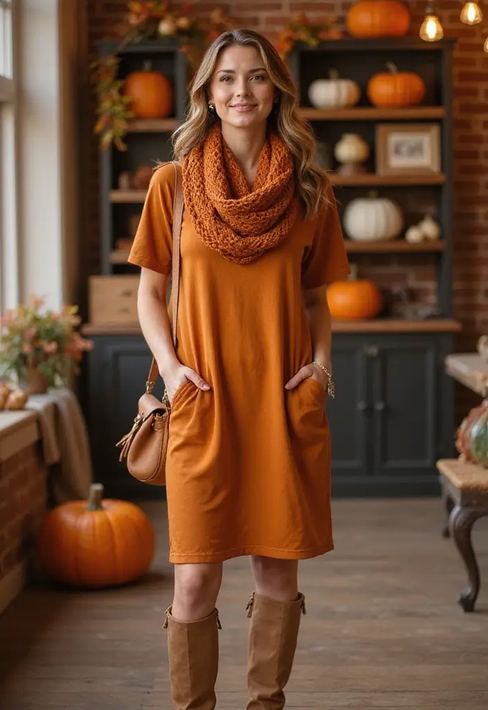 30 Warm-Toned November Dresses for Cozy Chic Looks - 14. Pumpkin Spice Shift Dress