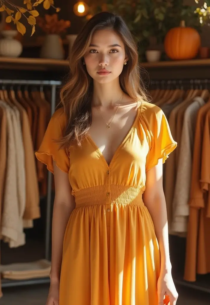 30 Warm-Toned November Dresses for Cozy Chic Looks - 15. Soft Amber A-Line Dress
