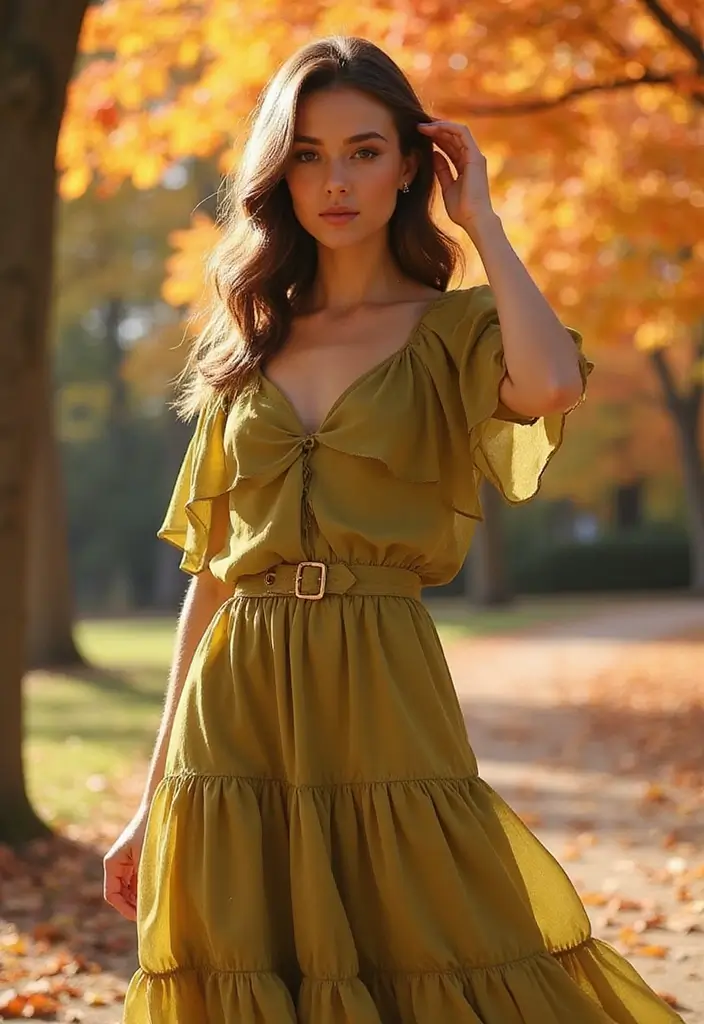 30 Warm-Toned November Dresses for Cozy Chic Looks - 18. Golden Olive Tiered Dress