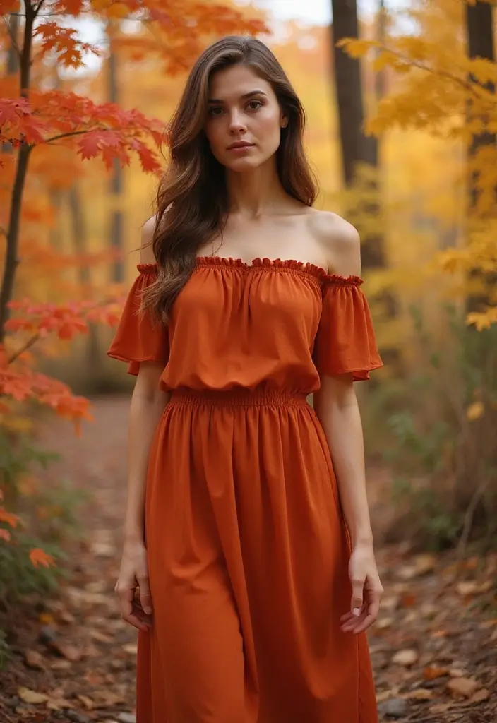 30 Warm-Toned November Dresses for Cozy Chic Looks - 21. Dark Orange Off-Shoulder Dress