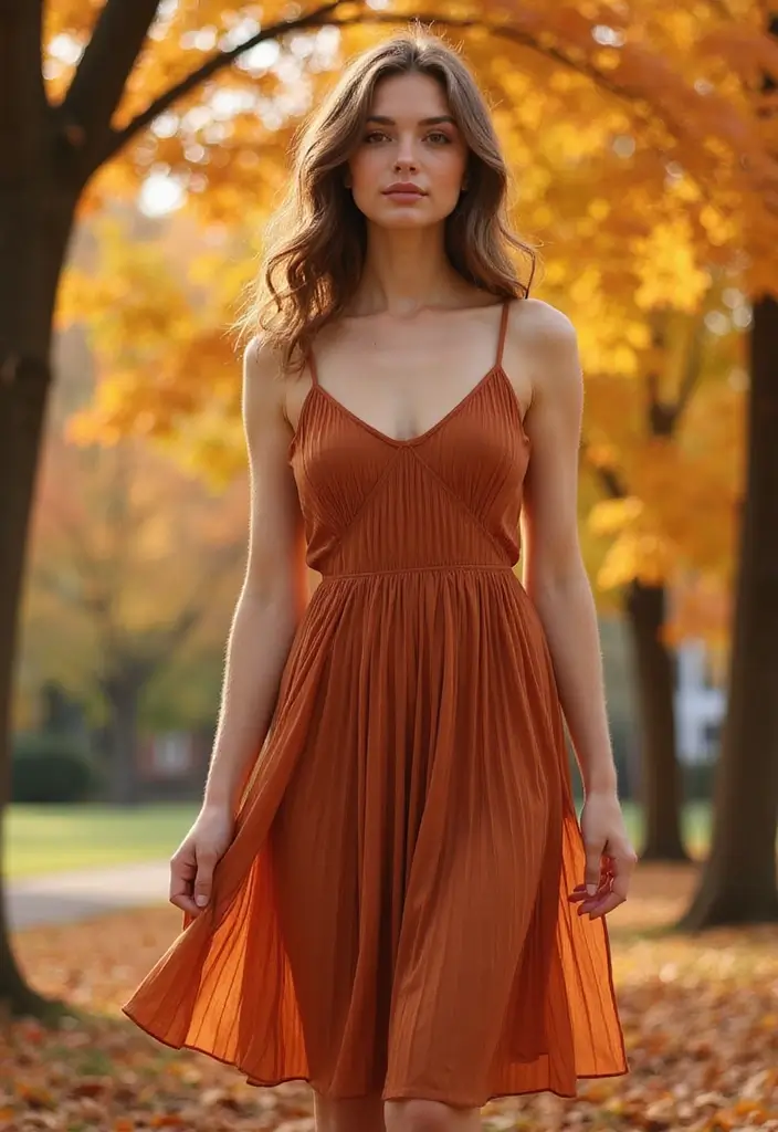 30 Warm-Toned November Dresses for Cozy Chic Looks - 22. Cinnamon Pleated Dress
