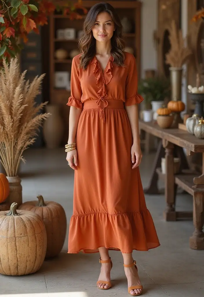 30 Warm-Toned November Dresses for Cozy Chic Looks - 25. Terracotta Ruffled Dress