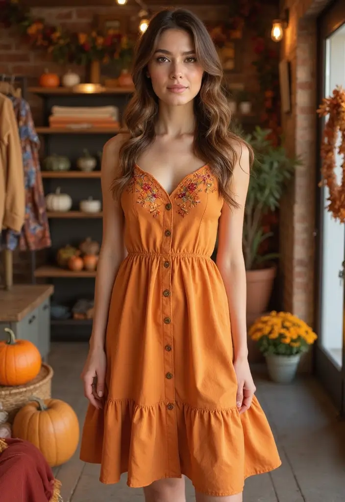 30 Warm-Toned November Dresses for Cozy Chic Looks - 27. Pumpkin Spice A-Line Dress