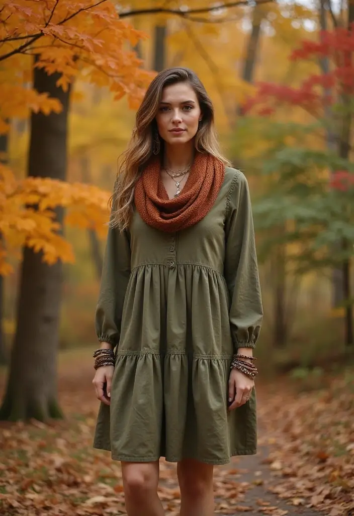 30 Warm-Toned November Dresses for Cozy Chic Looks - 29. Warm Olive Smock Dress