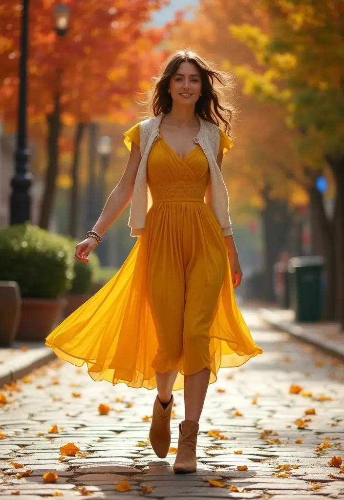 30 Warm-Toned November Dresses for Cozy Chic Looks - 3. Golden Yellow Midi Dress