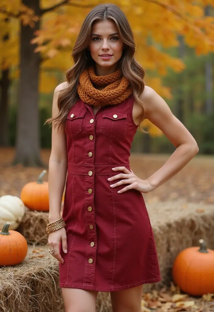 30 Warm-Toned November Dresses for Cozy Chic Looks - 30. Rustic Red Denim Dress