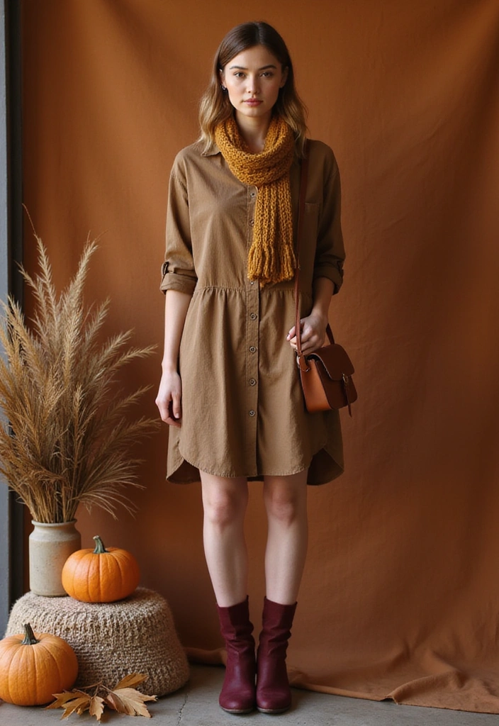 30 Warm-Toned November Dresses for Cozy Chic Looks - 4. Rustic Brown Shirt Dress