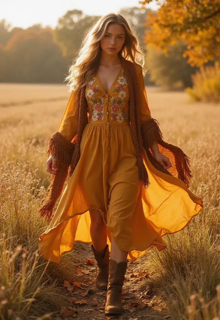 30 Warm-Toned November Dresses for Cozy Chic Looks - 6. ochre Bohemian Style Dress