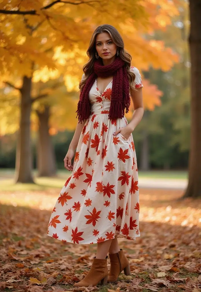 30 Warm-Toned November Dresses for Cozy Chic Looks - 7. Maple Leaf Print Dress
