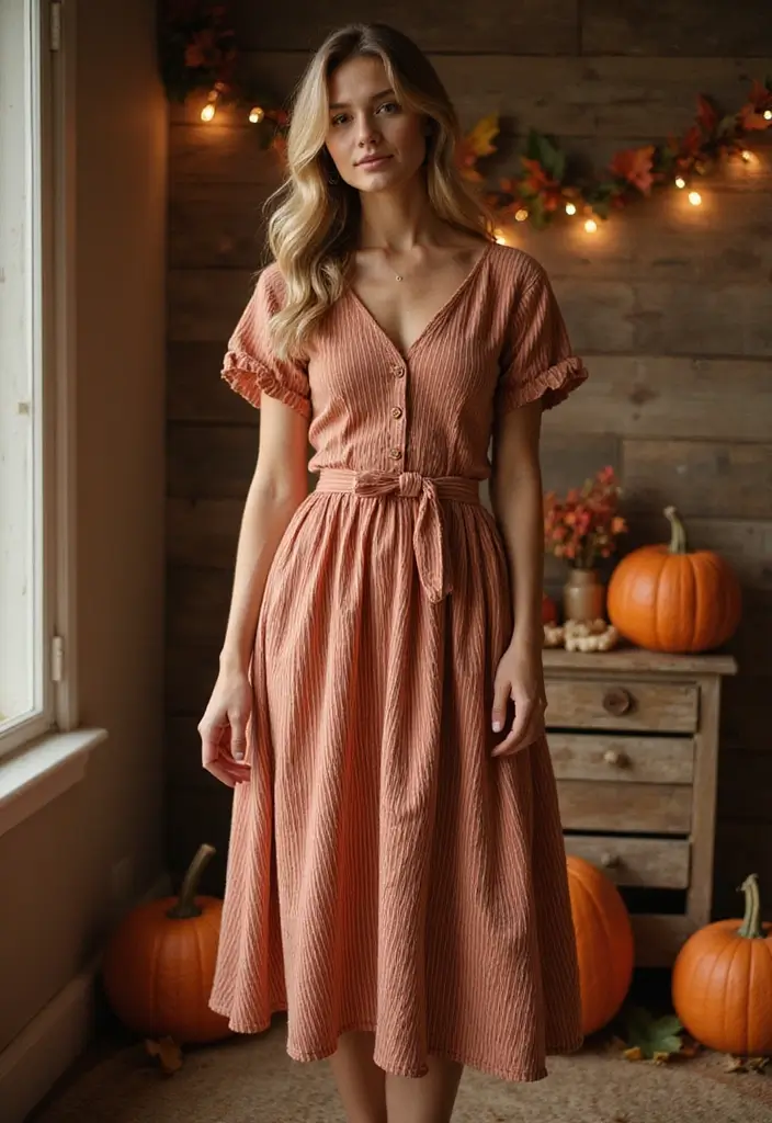 30 Warm-Toned November Dresses for Cozy Chic Looks - 8. Cinnamon Striped Midi Dress