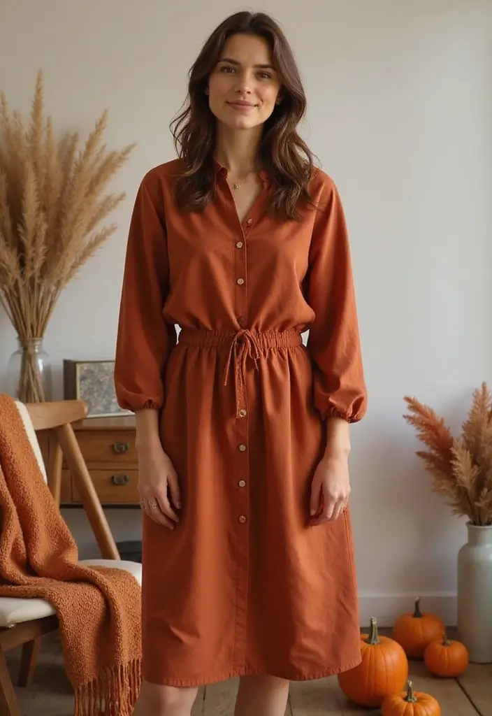 30 Warm-Toned November Dresses for Cozy Chic Looks - 9. Terracotta Smock Dress